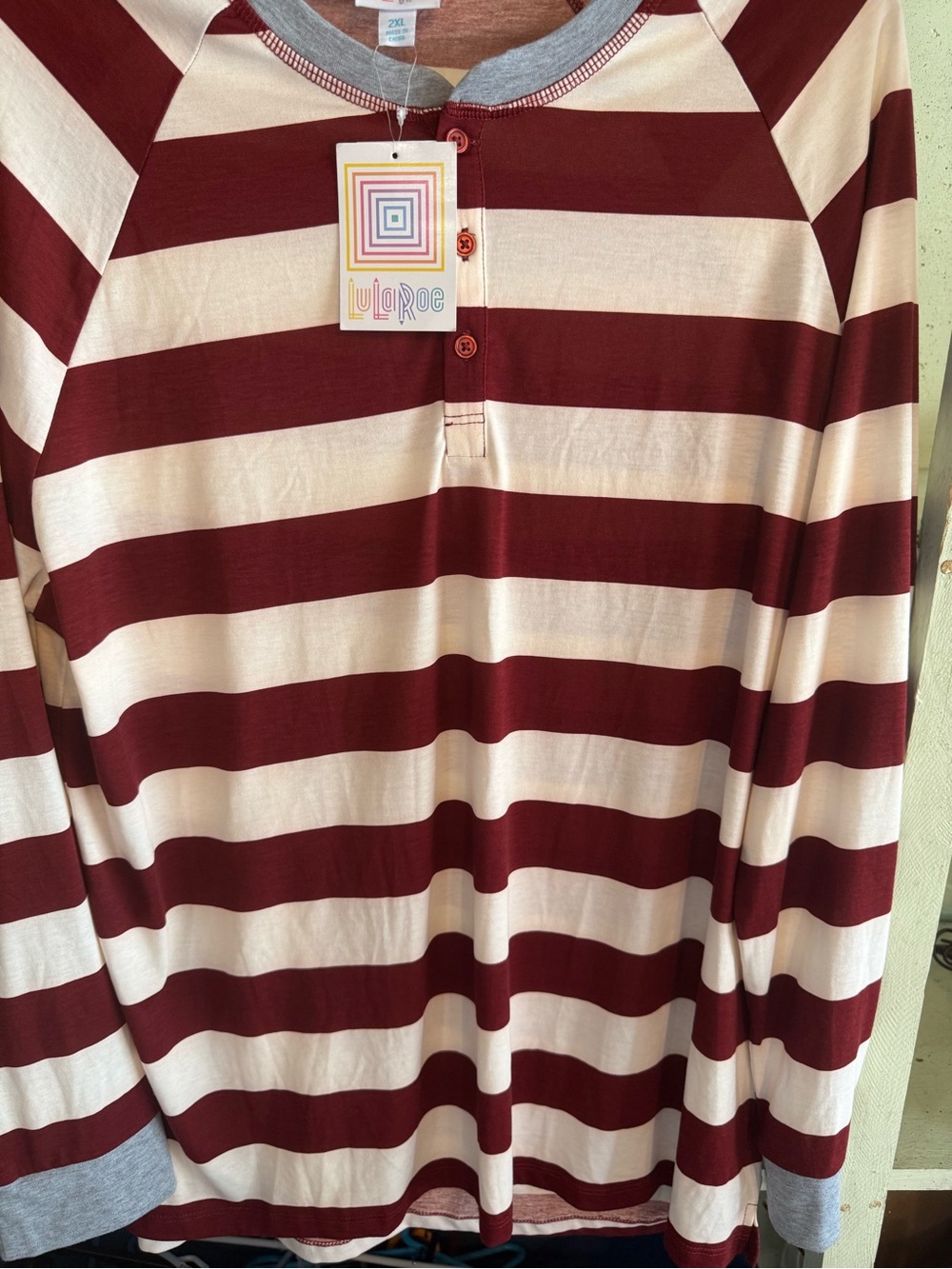 LuLaRoe mend Long Sleeve Henley Shirt - Burgundy and Cream Stripes